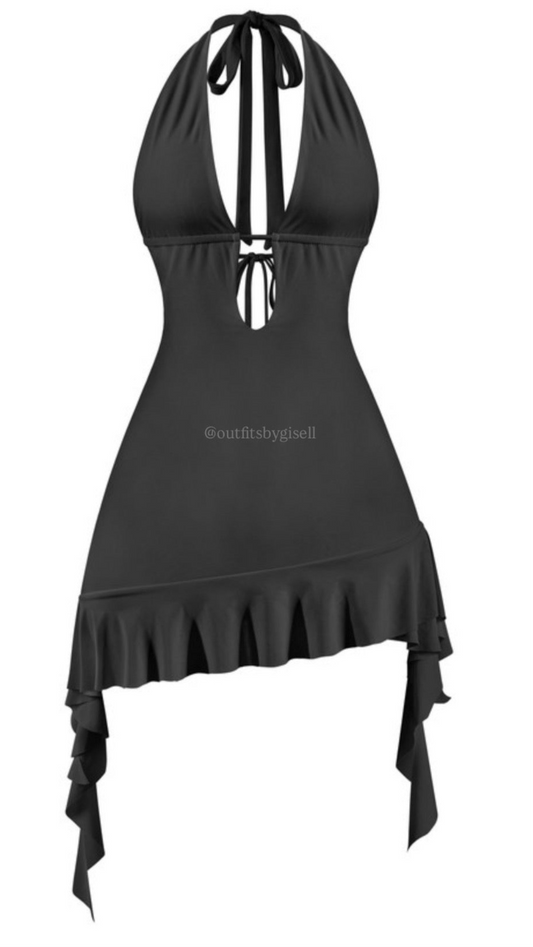 Black halter mini dress