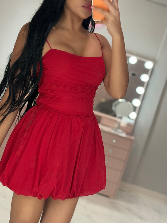 Brown and red mesh bubble mini dress