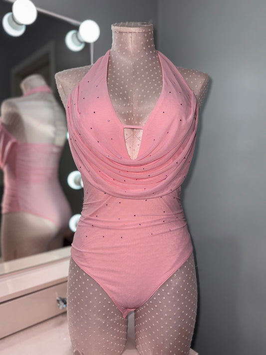 Rhinestone pink halter body suit