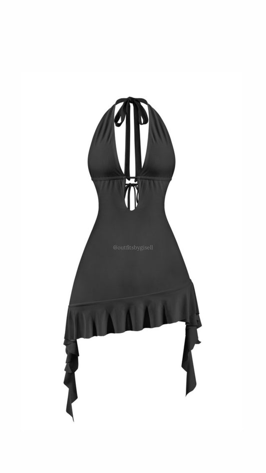 Black halter mini dress