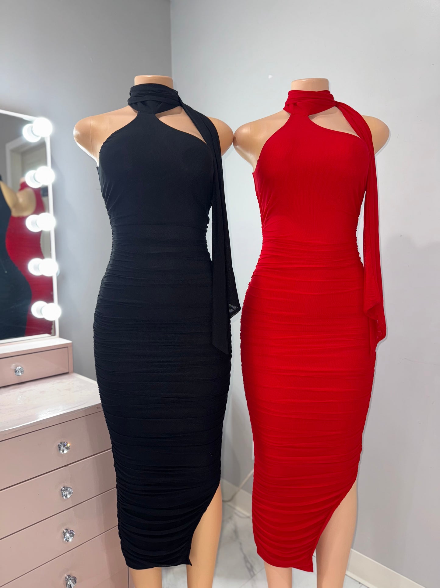 Mesh midi dress with scarf