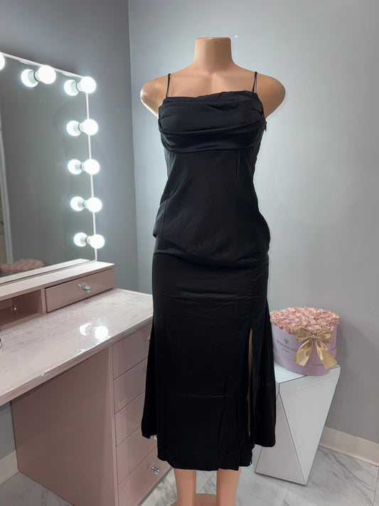 Black satin silk midi dress