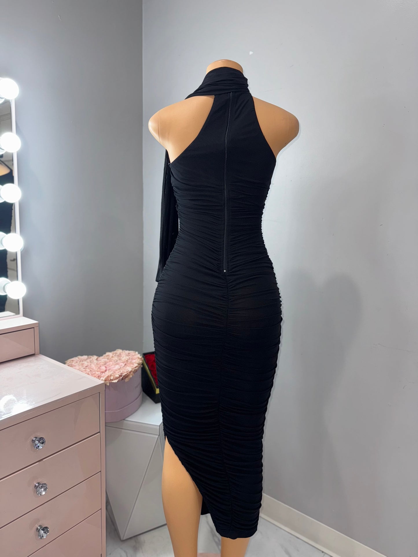 Mesh midi dress with scarf