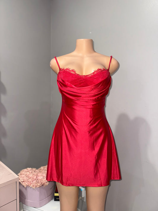 Red silky dress lace detail