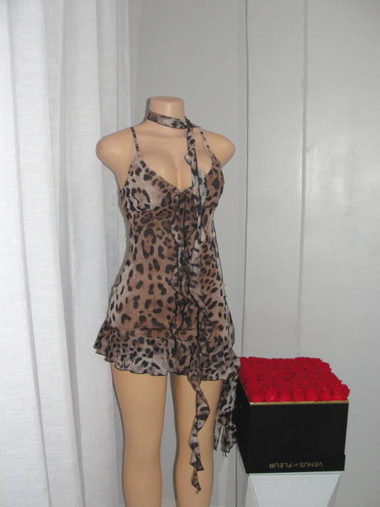 Leopard Ruffle Mini Dress with scarf