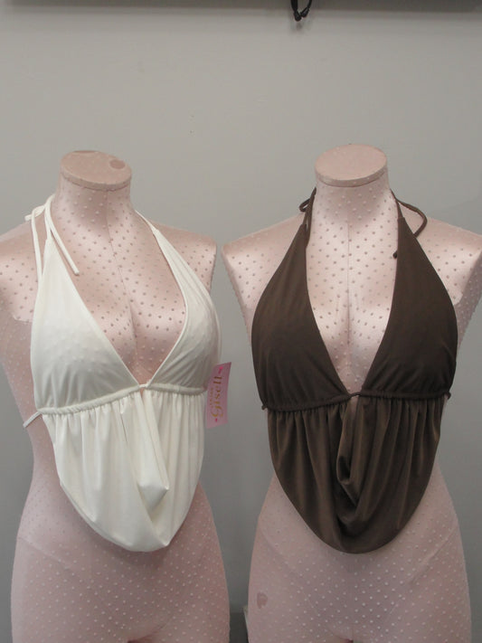 Tie back and halter Top *ivory & brown*