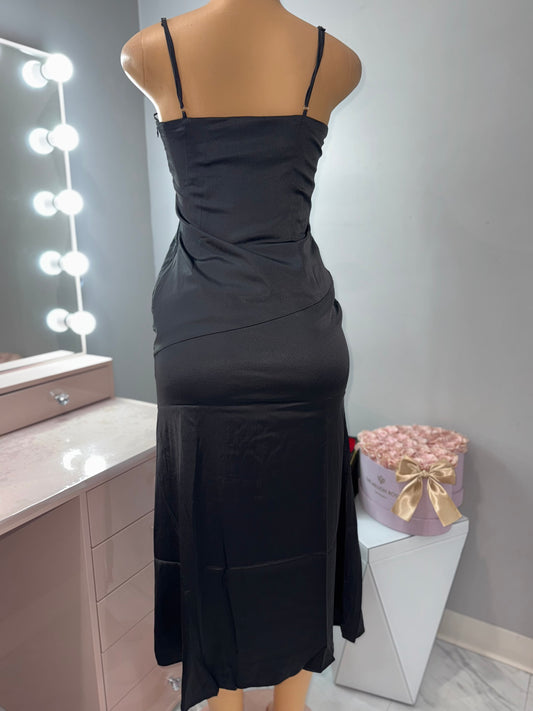 Black satin silk midi dress
