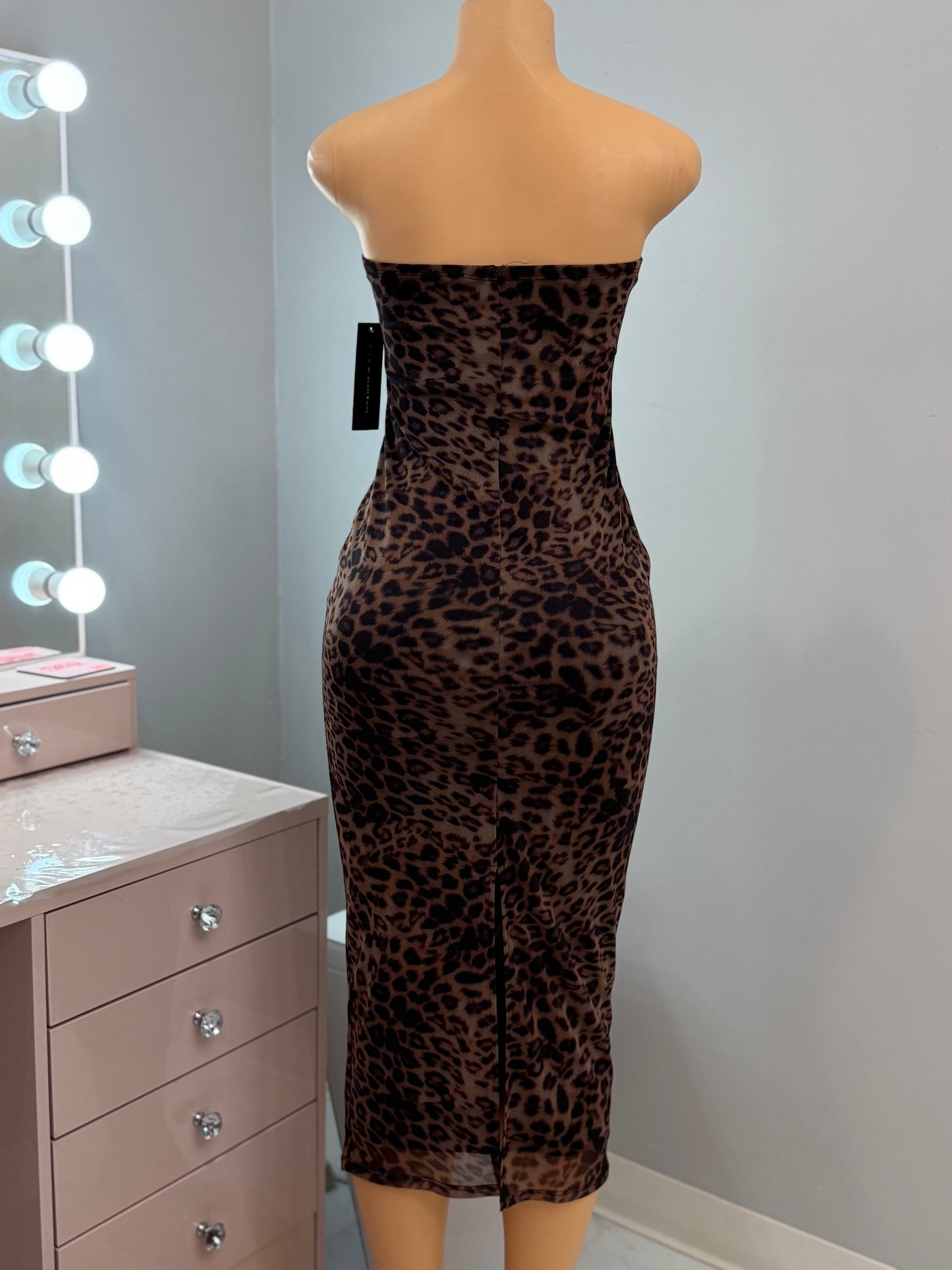 Leopard Mesh Tube Midi Dress