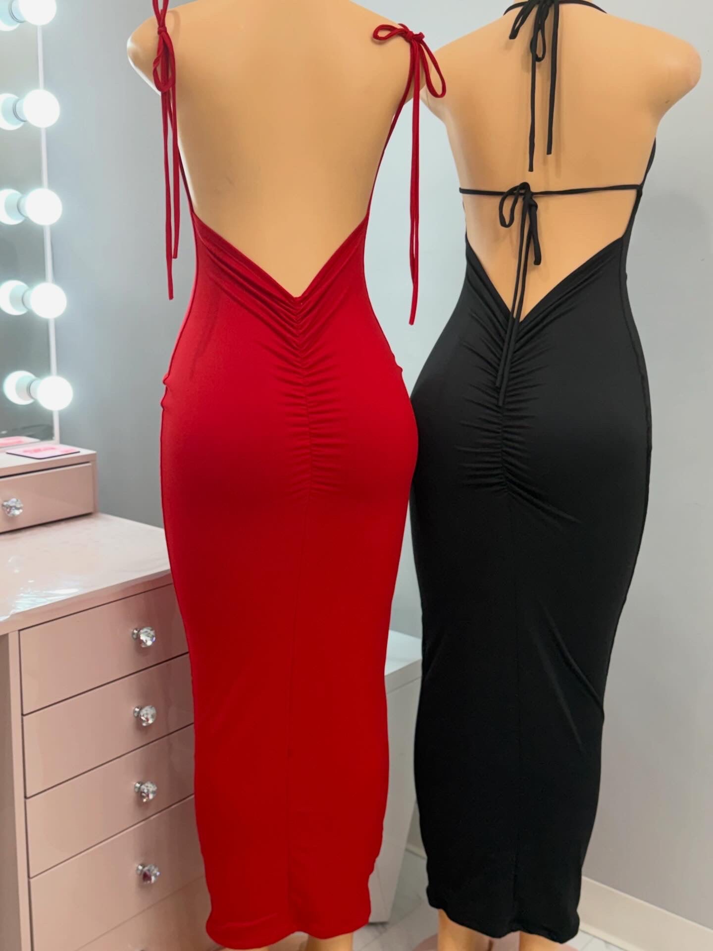 Tie Shoulder Ruched Maxi Dress *Red & Black*