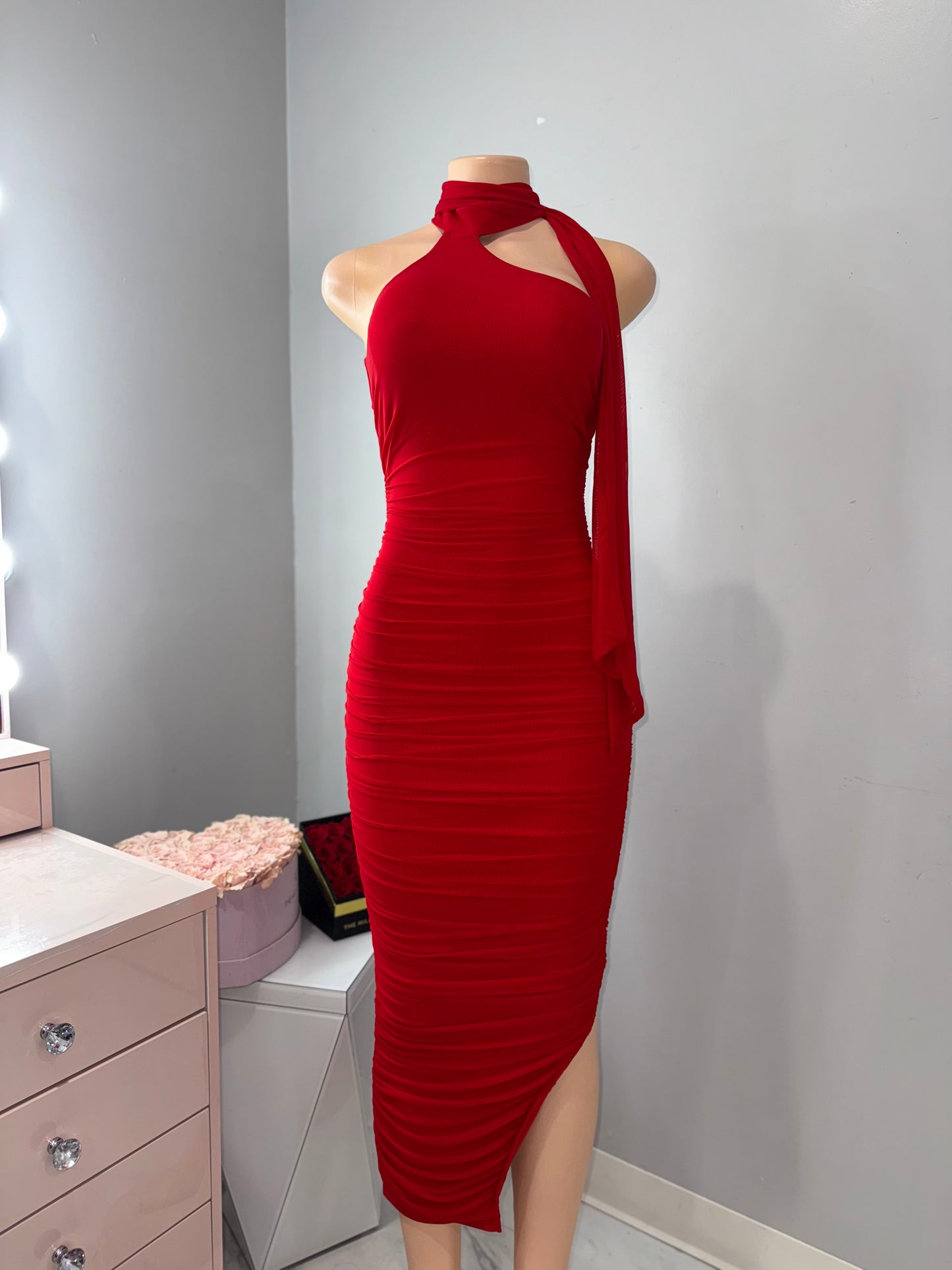Mesh midi dress with scarf
