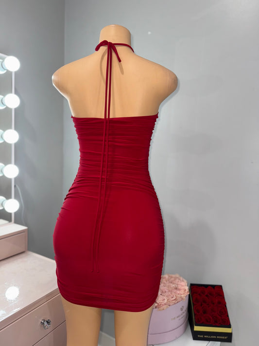 Red Halter Neck Gold Detail Mini Dress