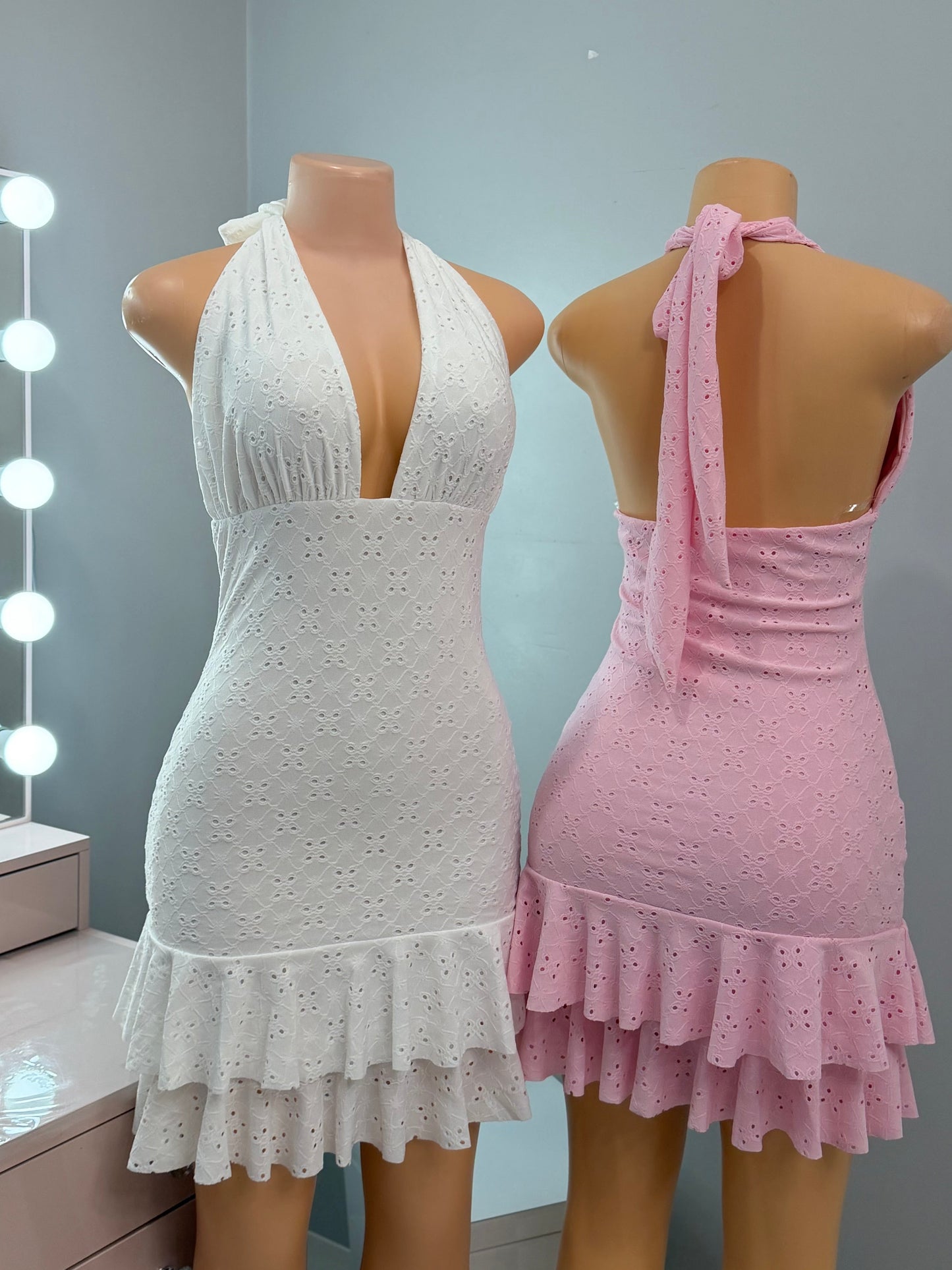 Halter Ruffle Mini Dress *Pink & White*