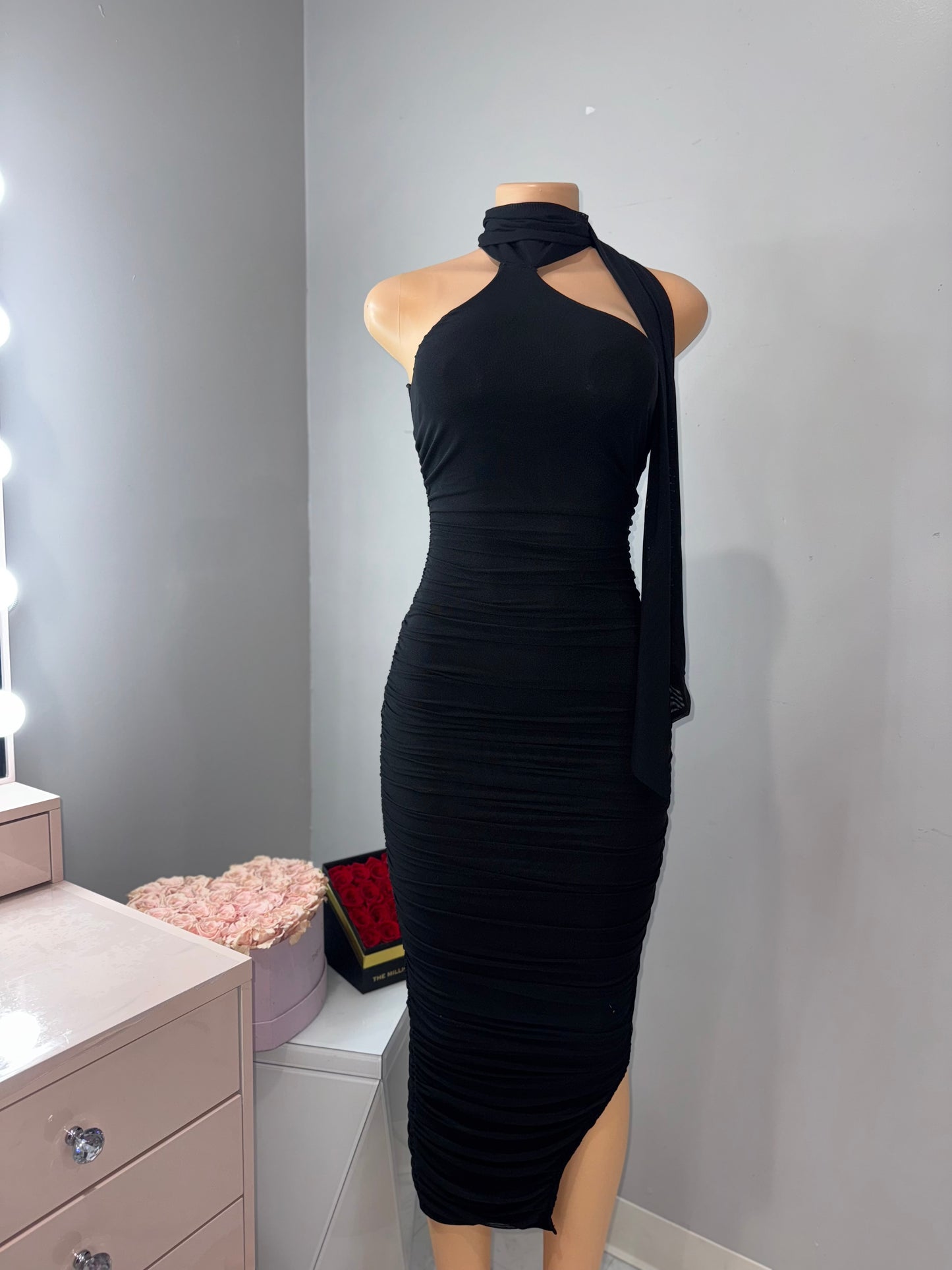 Mesh midi dress with scarf