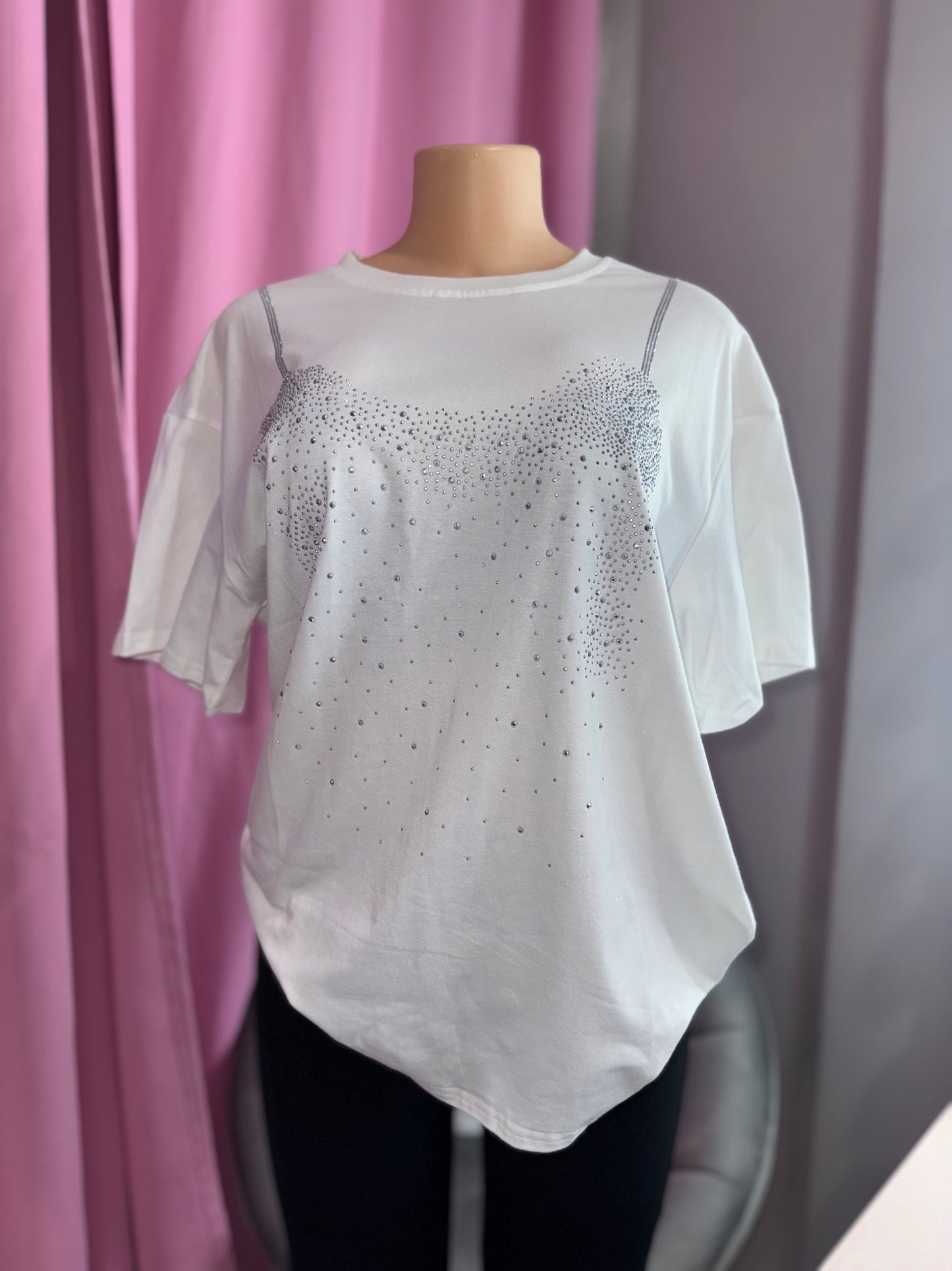 White Rhinestone T-shirt Oversize