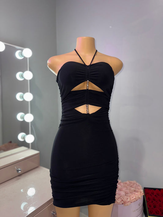 Black Halter Neck Gold Detail Mini Dress