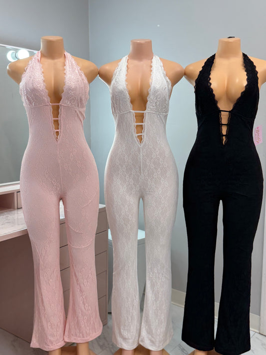 Lace Halter Flare Jumpsuit *Pink,Black,White*