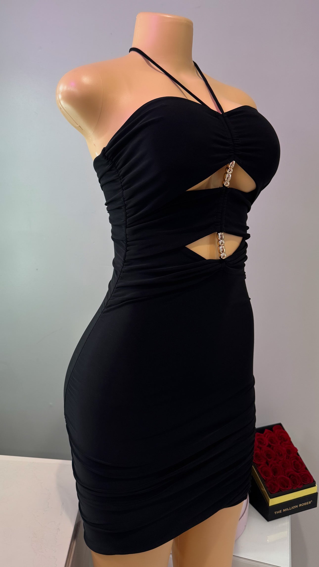 Black Halter Neck Gold Detail Mini Dress