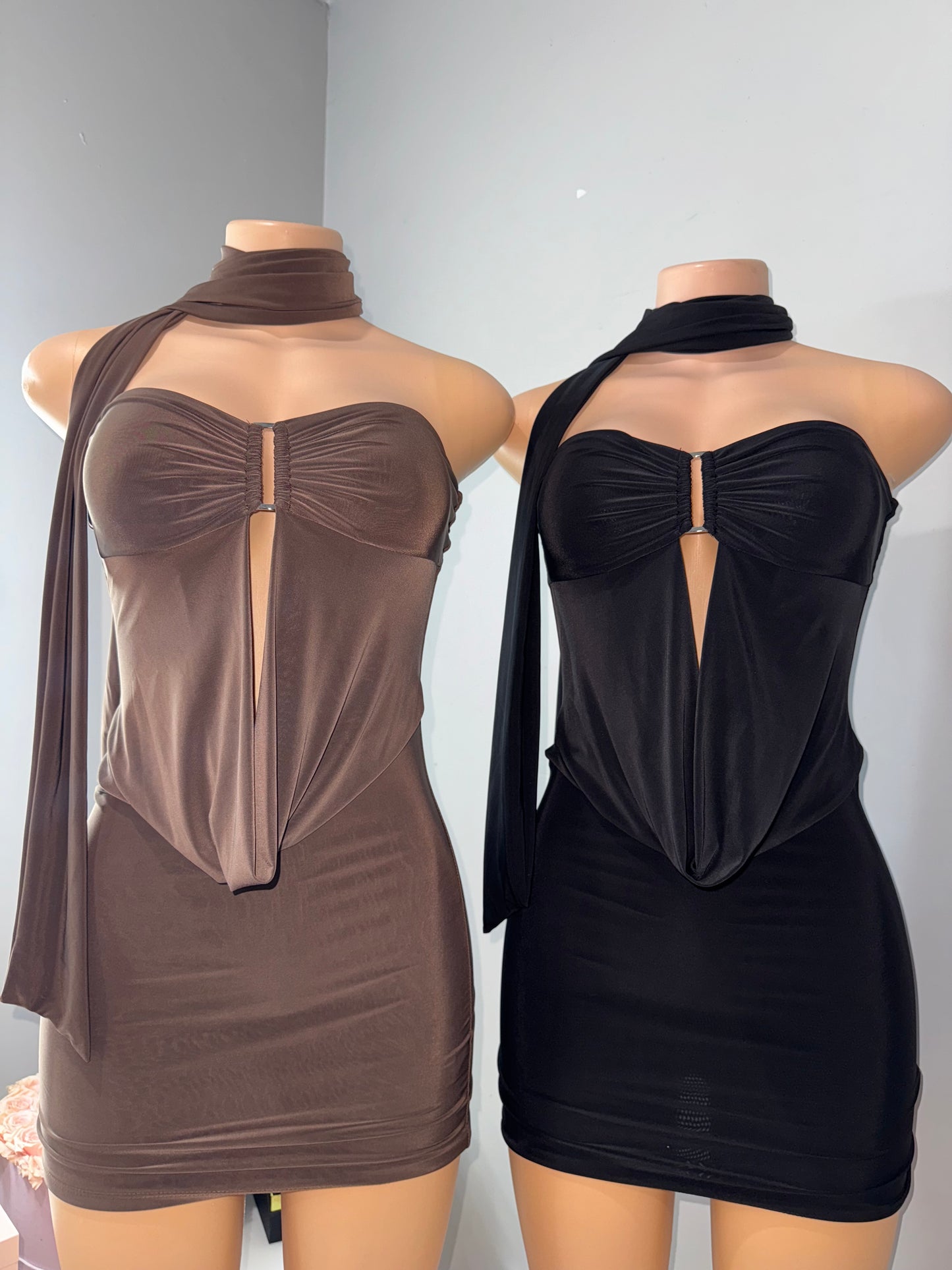 Scarf double layer mini dress *brown and black*