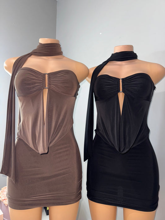 Scarf double layer mini dress *brown and black*