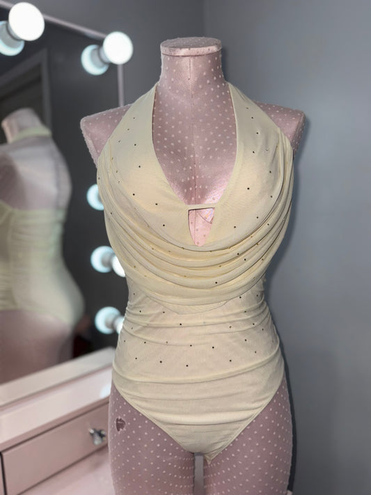 Rhinestone cream halter body suit