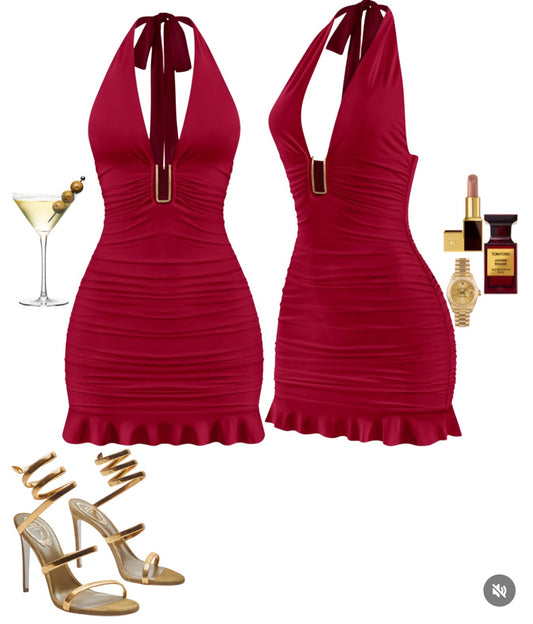 Burgundy dress with gold detail
