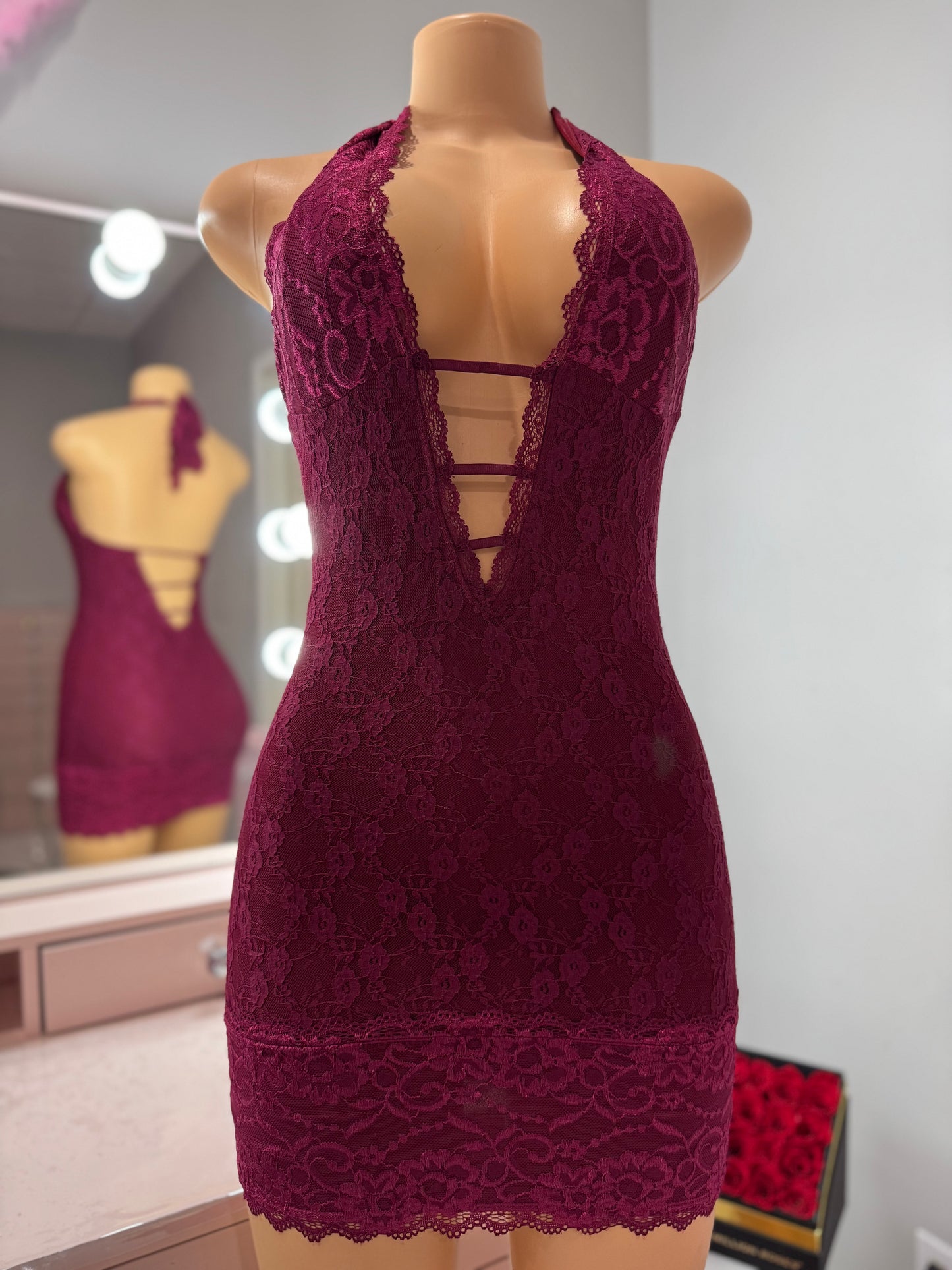 Burgundy lace mini halter dress
