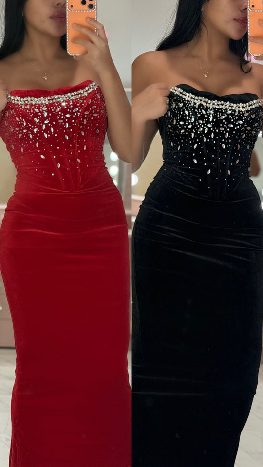 Rhinestone jewels velvet maxi dress