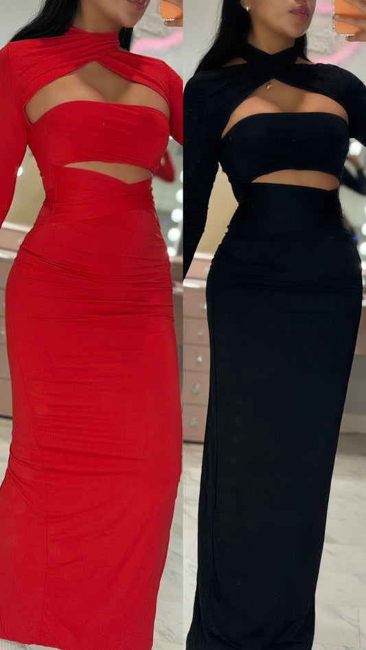 Cutout long sleeve spandex double layer maxi dress