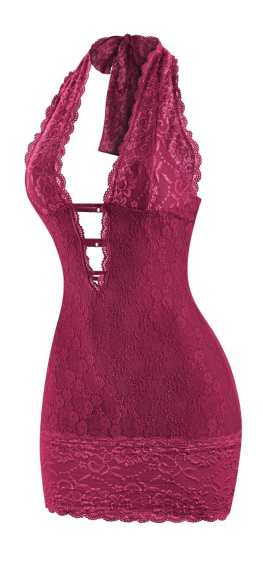Burgundy lace mini halter dress