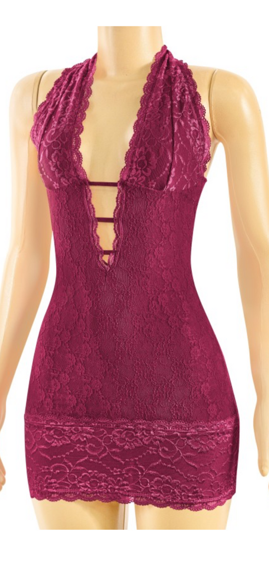 Burgundy lace mini halter dress