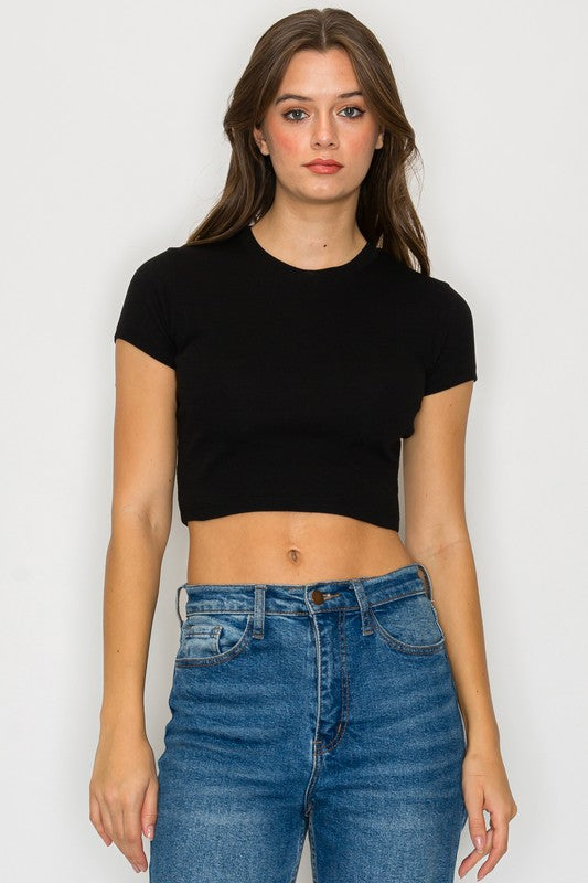 Cropped Short Sleeve Ribbed Top *Pink & Black*