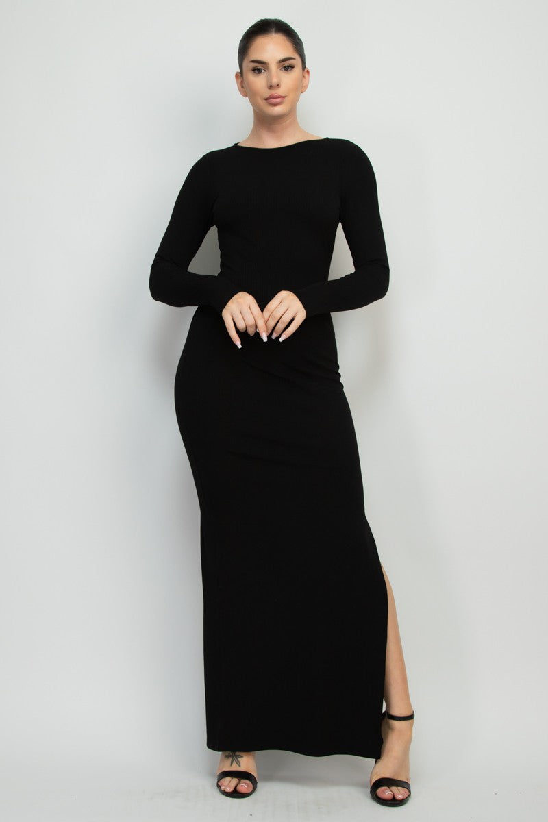 ribbed long sleeve slit maxi dress