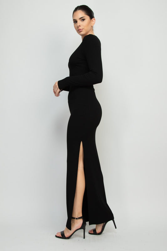 ribbed long sleeve slit maxi dress