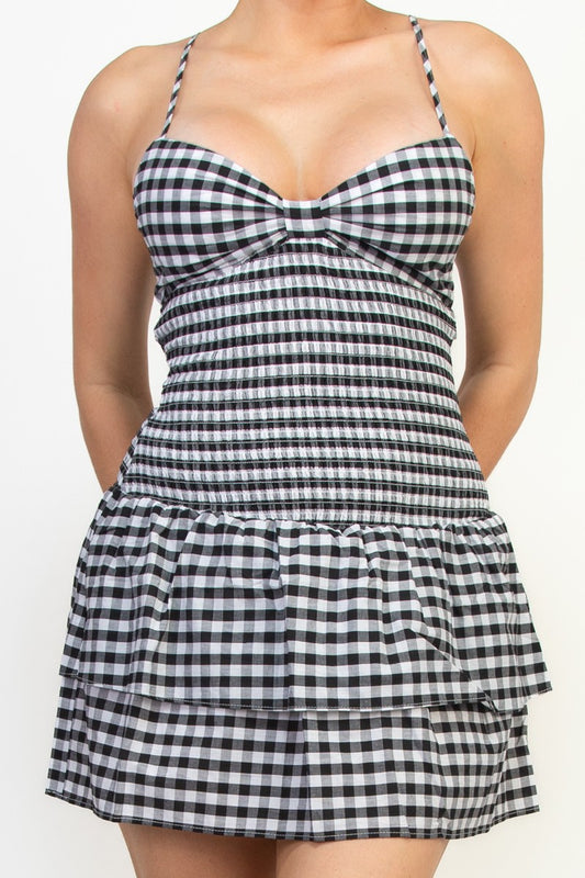 Black tie tiered smock checkered dress