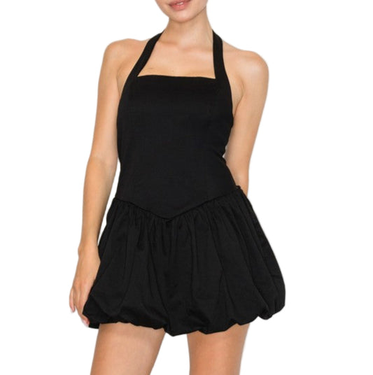 Black bubble halter mini dress