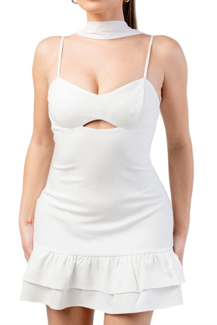 White ruffle neck detail mini dress