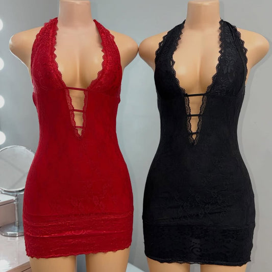 Lace Mini Halter Dress *Black and Red*