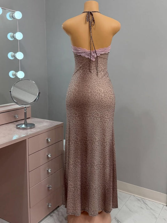 Pink Lace Leopard Halter Maxi Dress