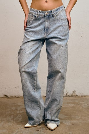 Rhinestone denim wide pant