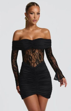 Lace Long Sleeve Ruched Off Shoulder Mini Dress