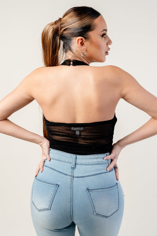 Rhinestone black halter body suit