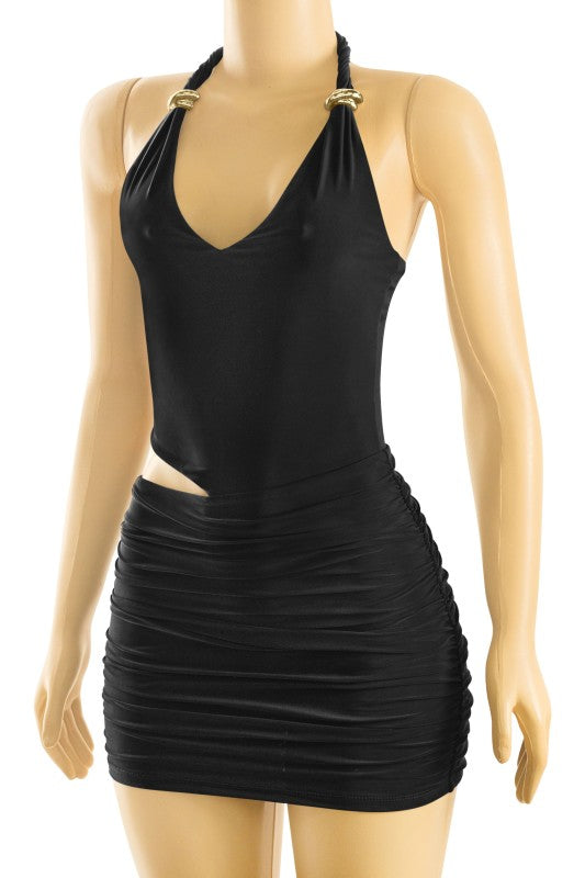 Black gold detail mini dress