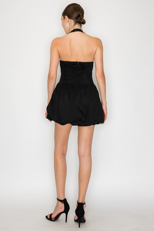 Black bubble halter mini dress