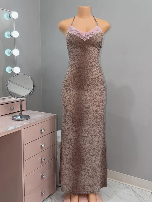 Pink Lace Leopard Halter Maxi Dress