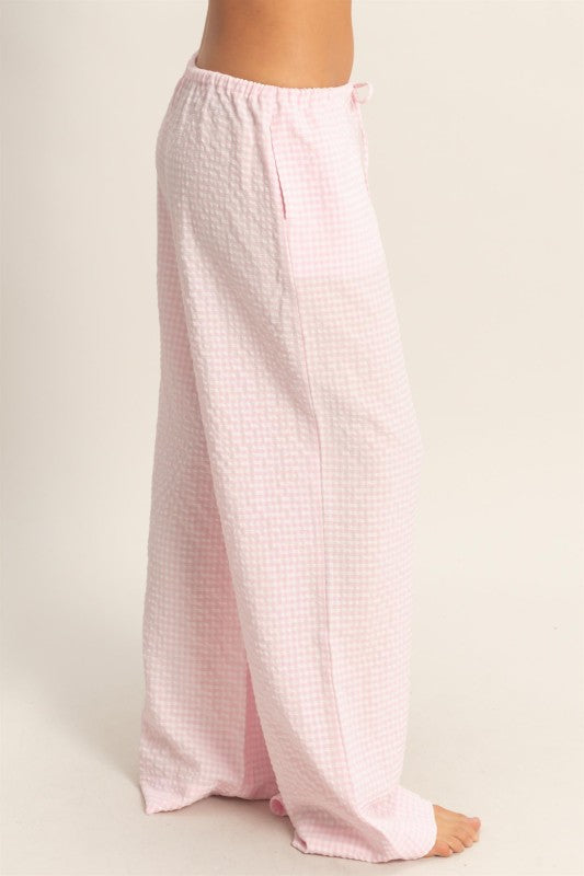 Light Pink Gingham Drawstring Wide Leg Pants