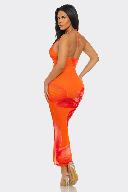 Orange Floral Mesh Midi Dress