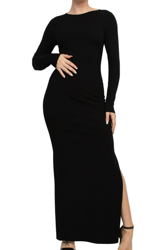 ribbed long sleeve slit maxi dress