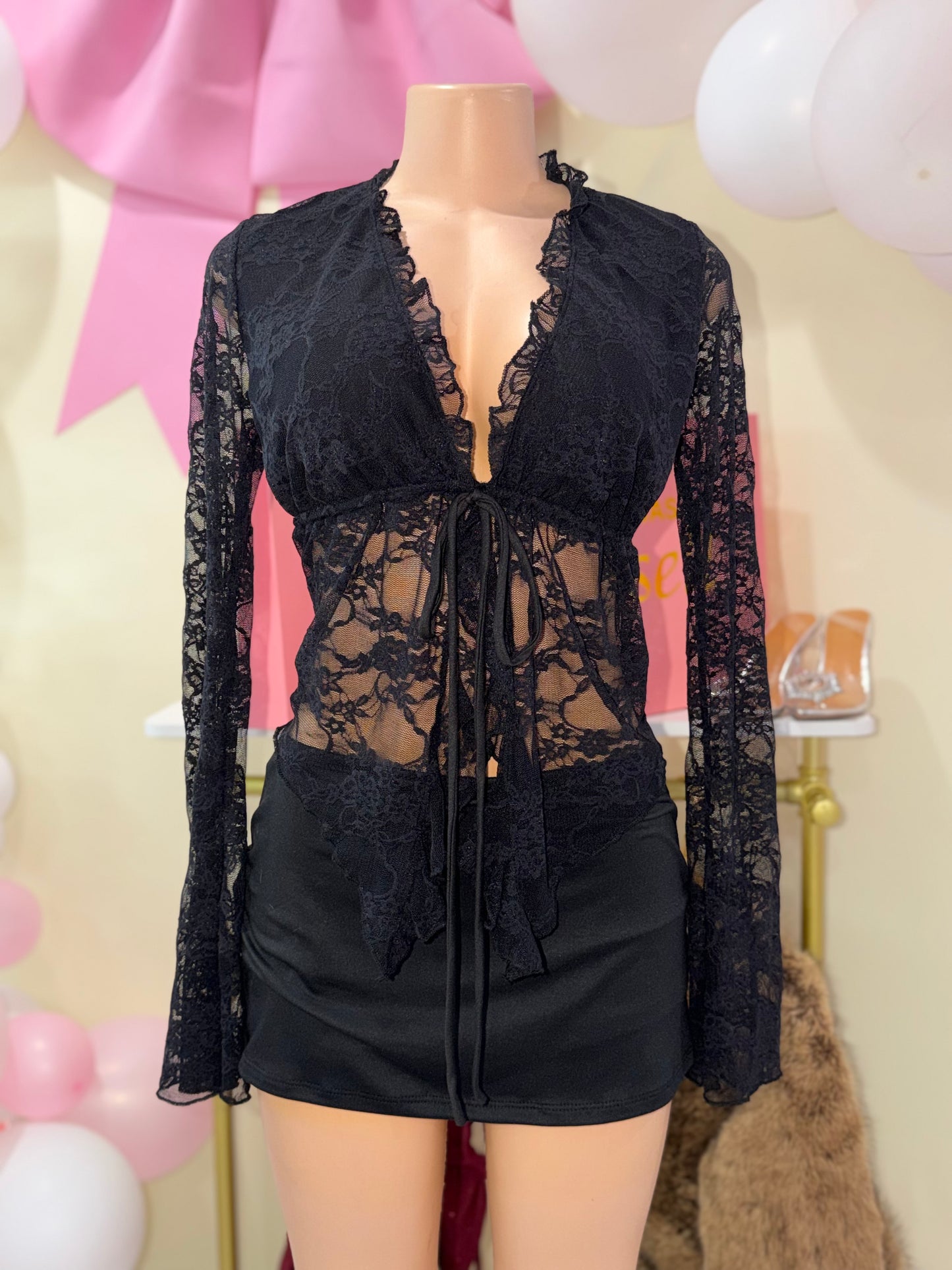 Lace ruffle tie front top