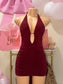Halter Deep Plunge Glitter Mini Dress *burgundy and black