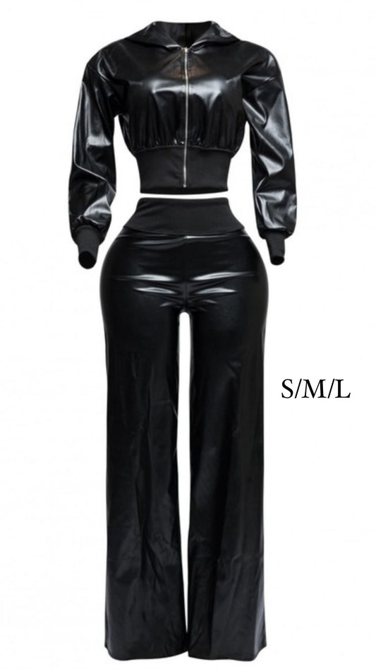 Faux leather hoodie jacket and wide leg pant set